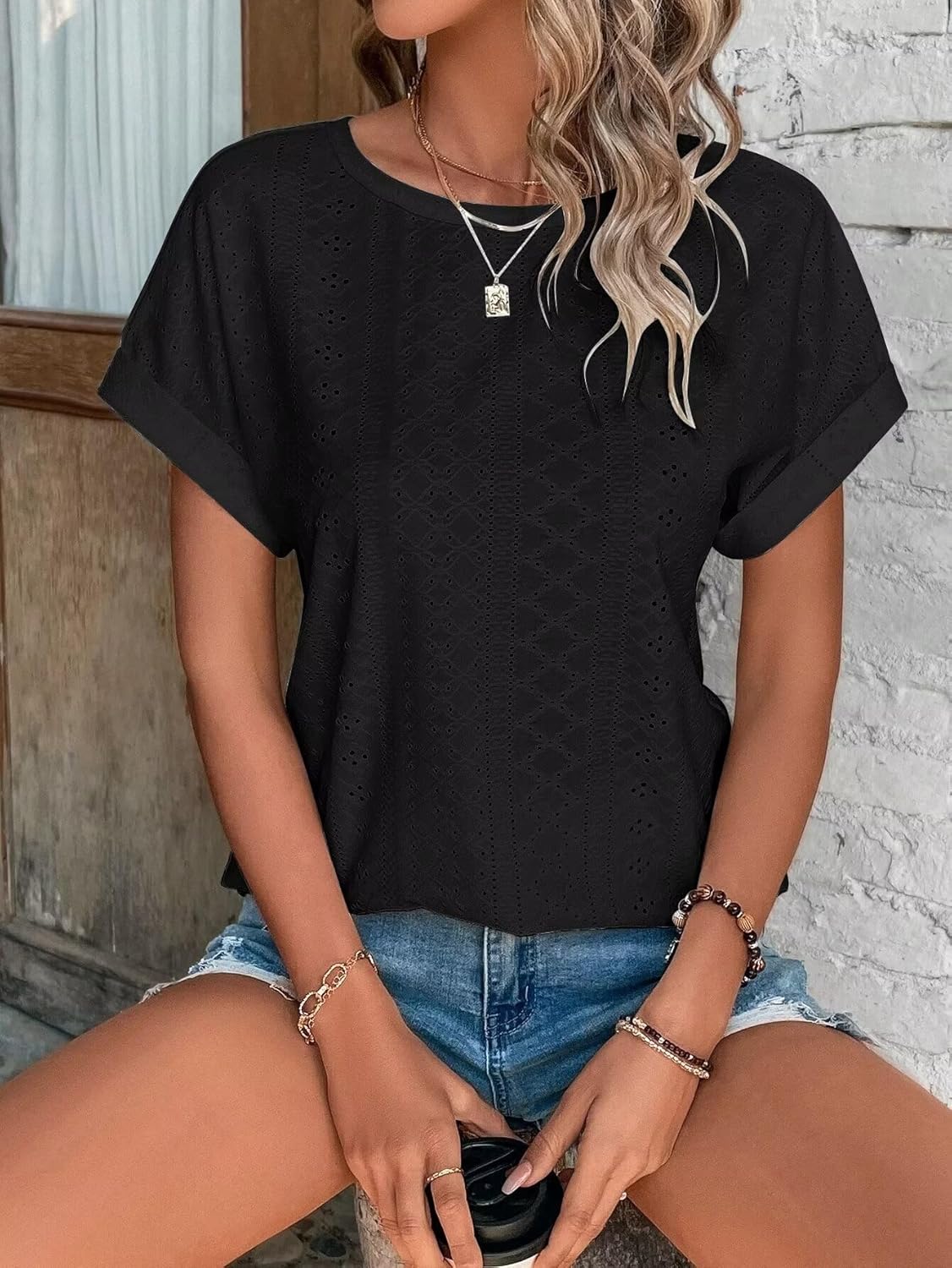 Womens Tops Eyelet Embroidery Summer Spring Curved Hem Short Sleeve Trendy T Shirts
