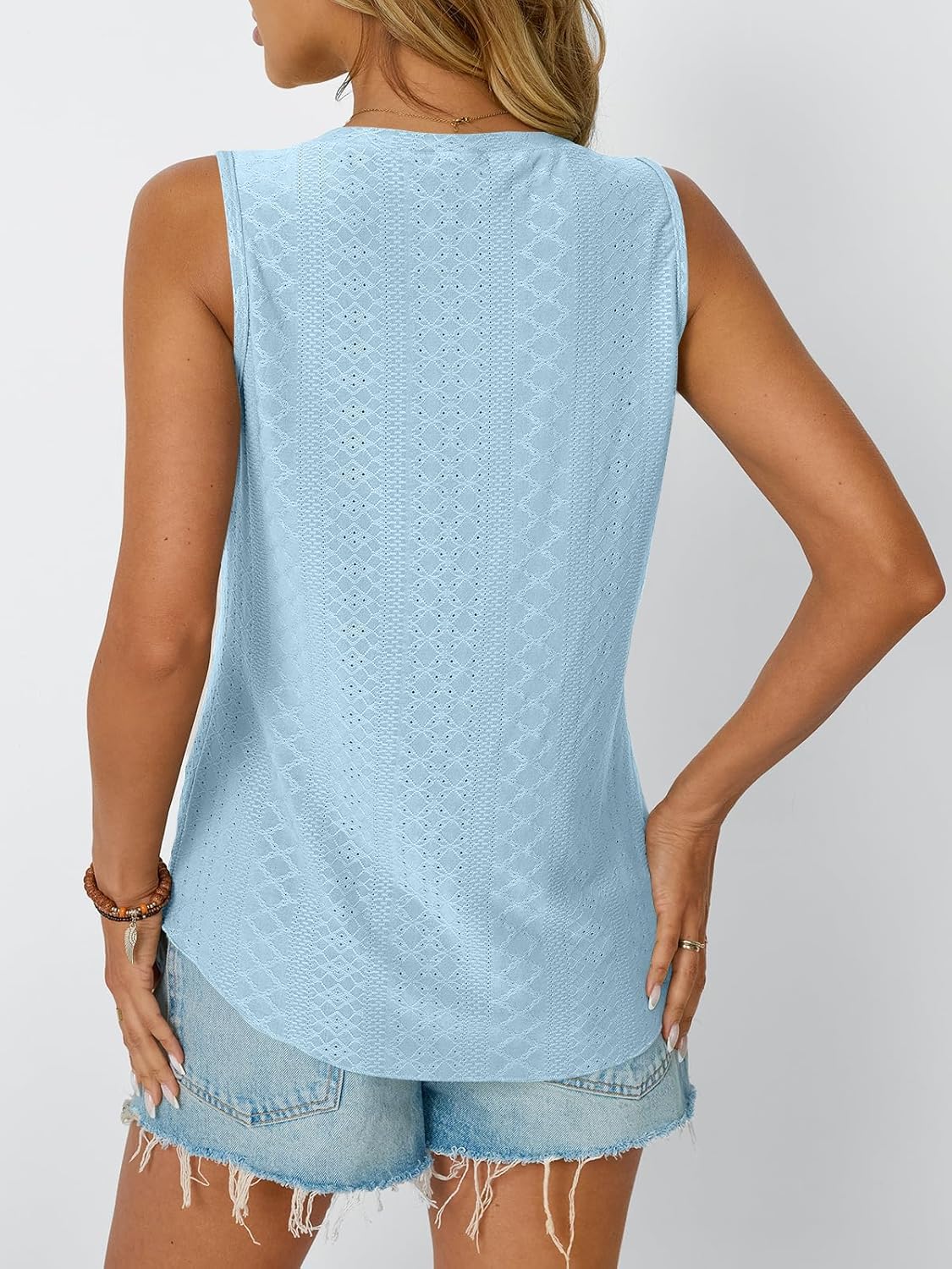 Womens Summer Tank Top Eyelet Embroidery V Neck Sleeveless Loose Fit Casual Shirt