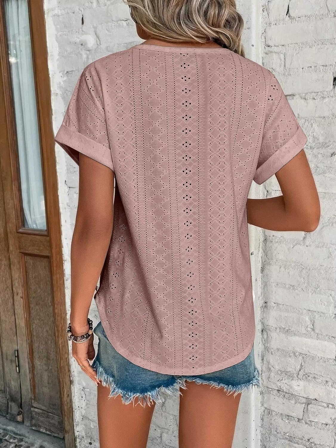 Womens Tops Eyelet Embroidery Summer Spring Curved Hem Short Sleeve Trendy T Shirts