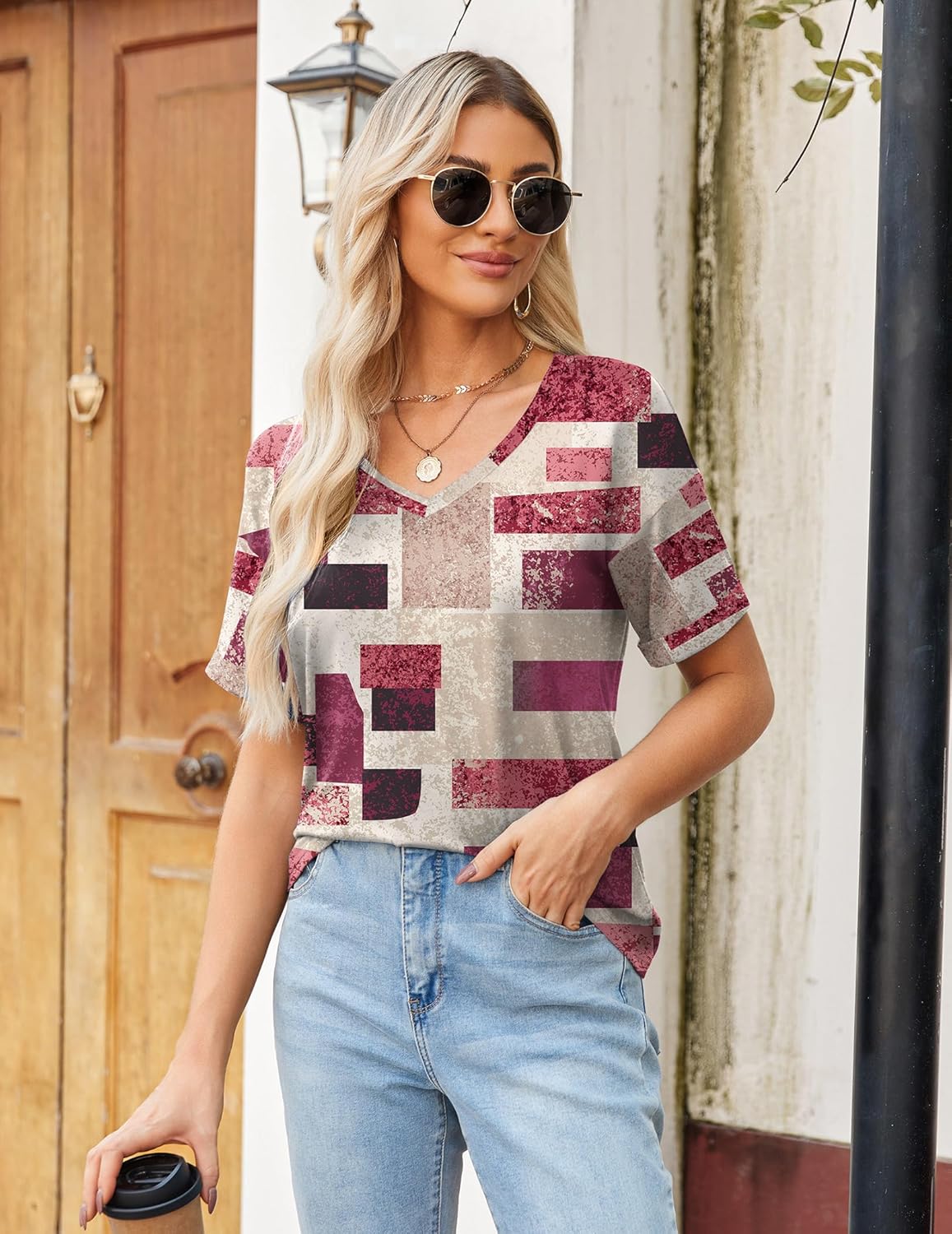 Short Sleeve Casual Shirts Floral Tee Basics V Neck Plain T-shirt