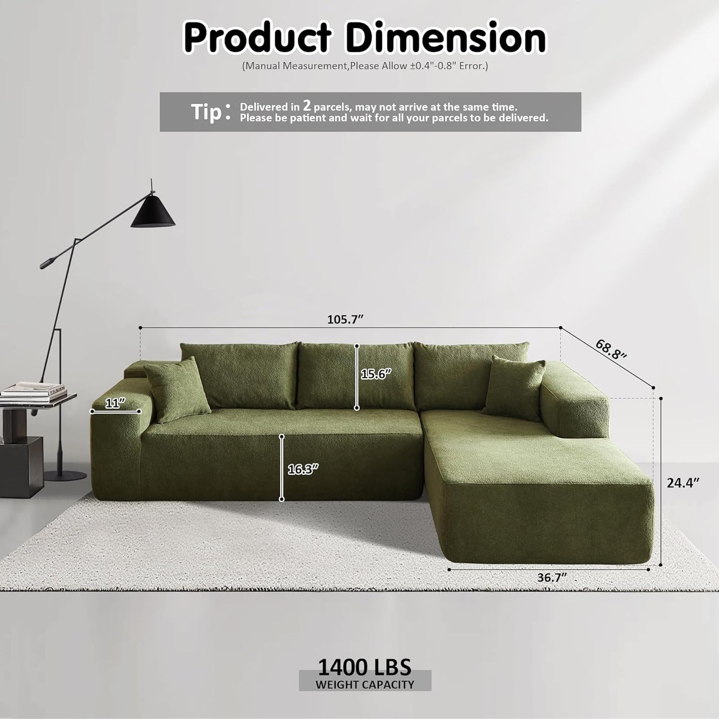104" Cloud Sectional Couch with L-Shape Chaise