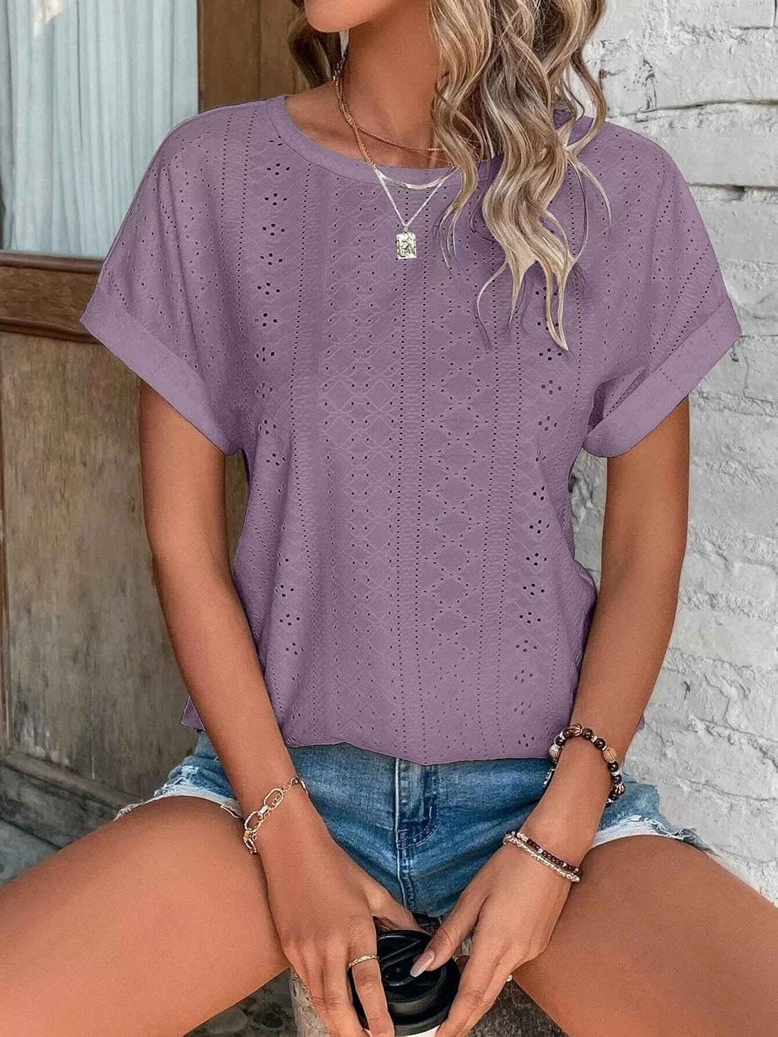 Womens Tops Eyelet Embroidery Summer Spring Curved Hem Short Sleeve Trendy T Shirts