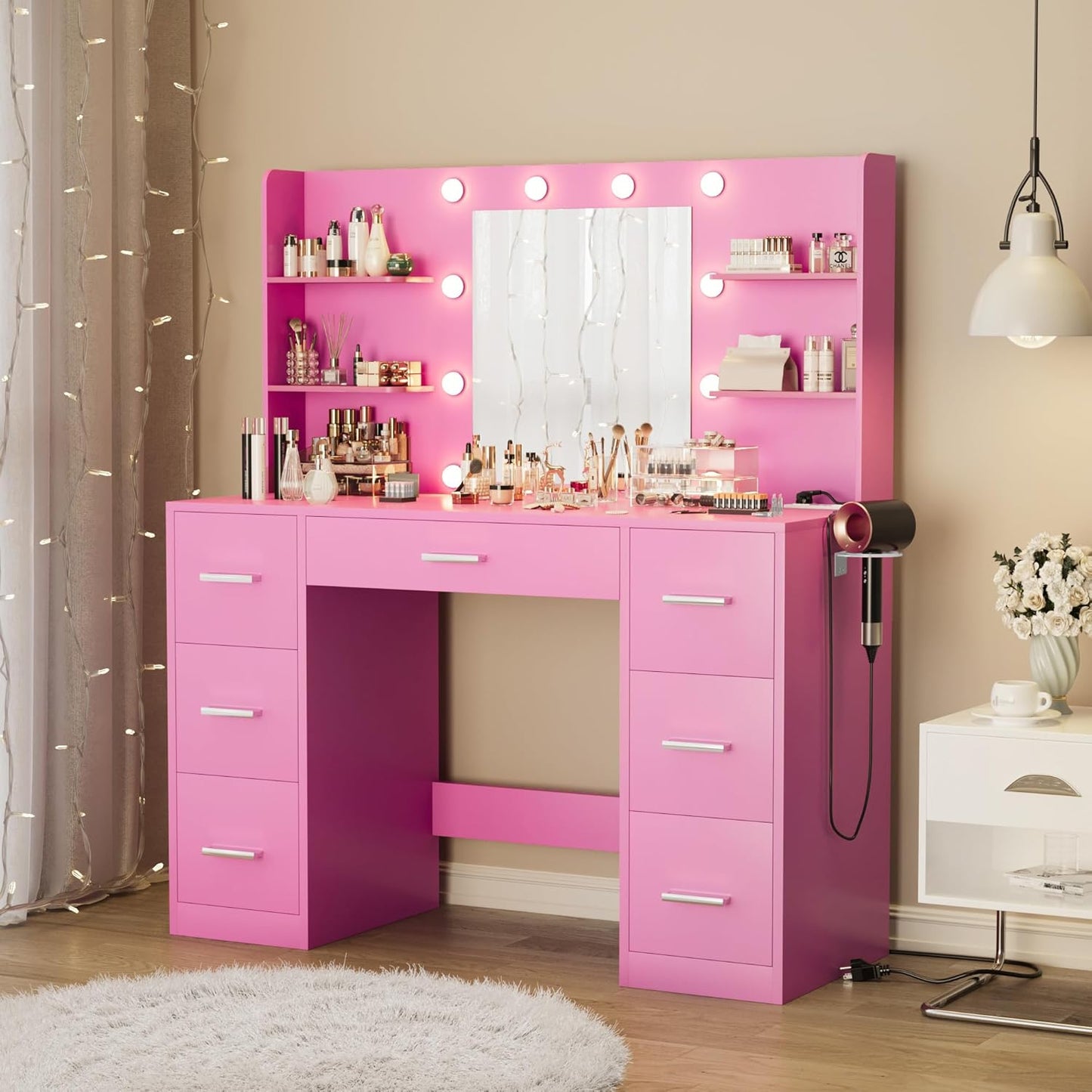 Furmax Vanity Desk with Mirror LED Lights and Power Outlet Makeup Vanity Table