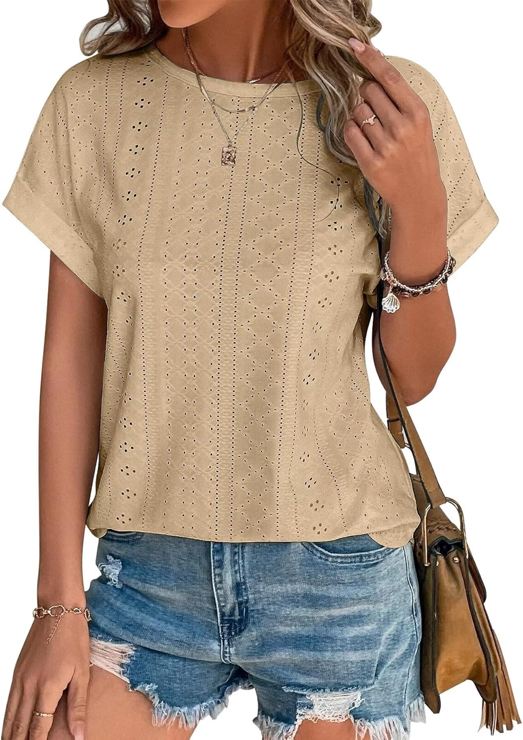 Womens Tops Eyelet Embroidery Summer Spring Curved Hem Short Sleeve Trendy T Shirts