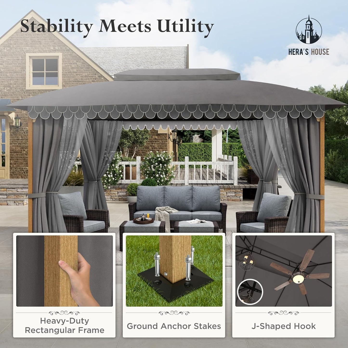 10x13 Outdoor with Screened Double Roof Heavy-Duty Patio Canopy Tent Dark Blue