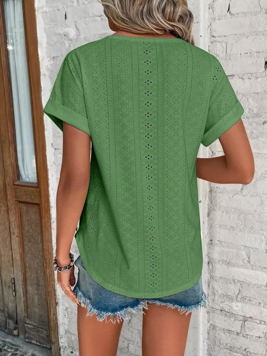 Womens Tops Eyelet Embroidery Summer Spring Curved Hem Short Sleeve Trendy T Shirts