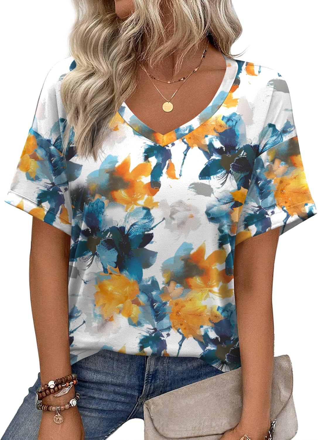 Short Sleeve Casual Shirts Floral Tee Basics V Neck Plain T-shirt
