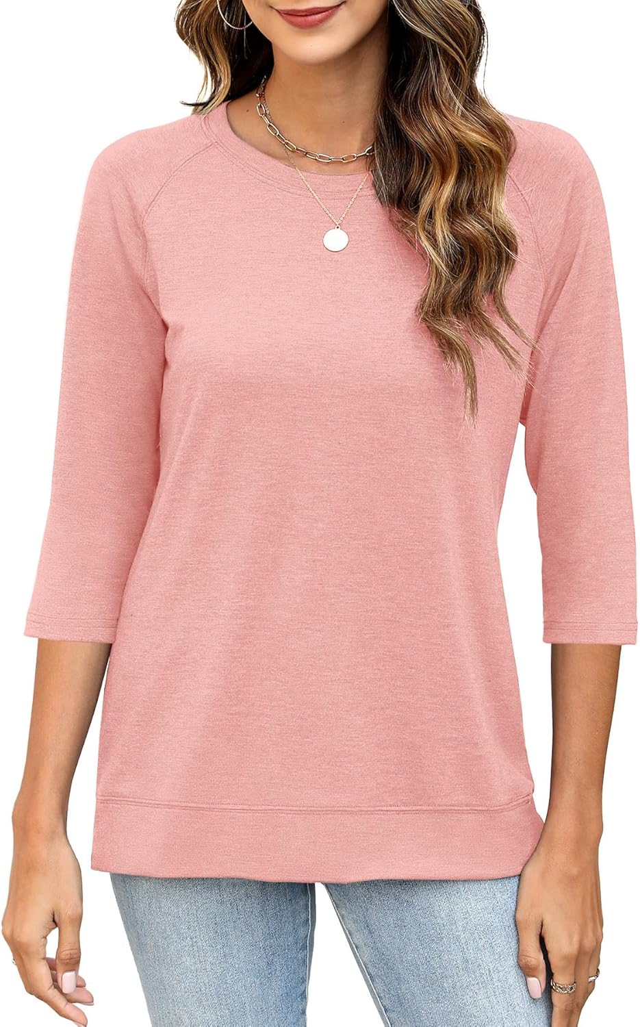 3/4 Sleeve Crew Neck Shirts Loose Fit Tunic Blouses Summer Tees