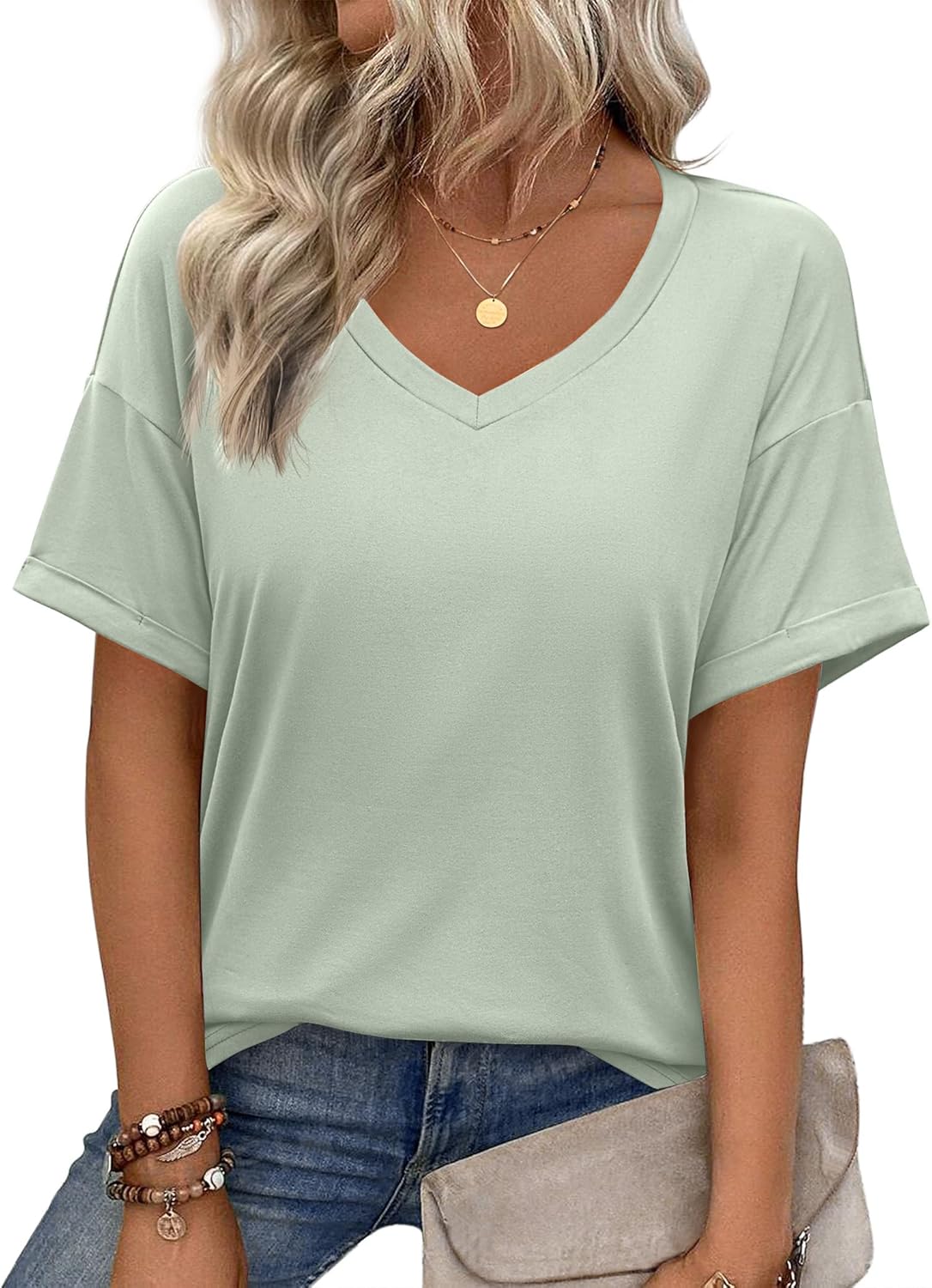 Short Sleeve Casual Shirts Floral Tee Basics V Neck Plain T-shirt