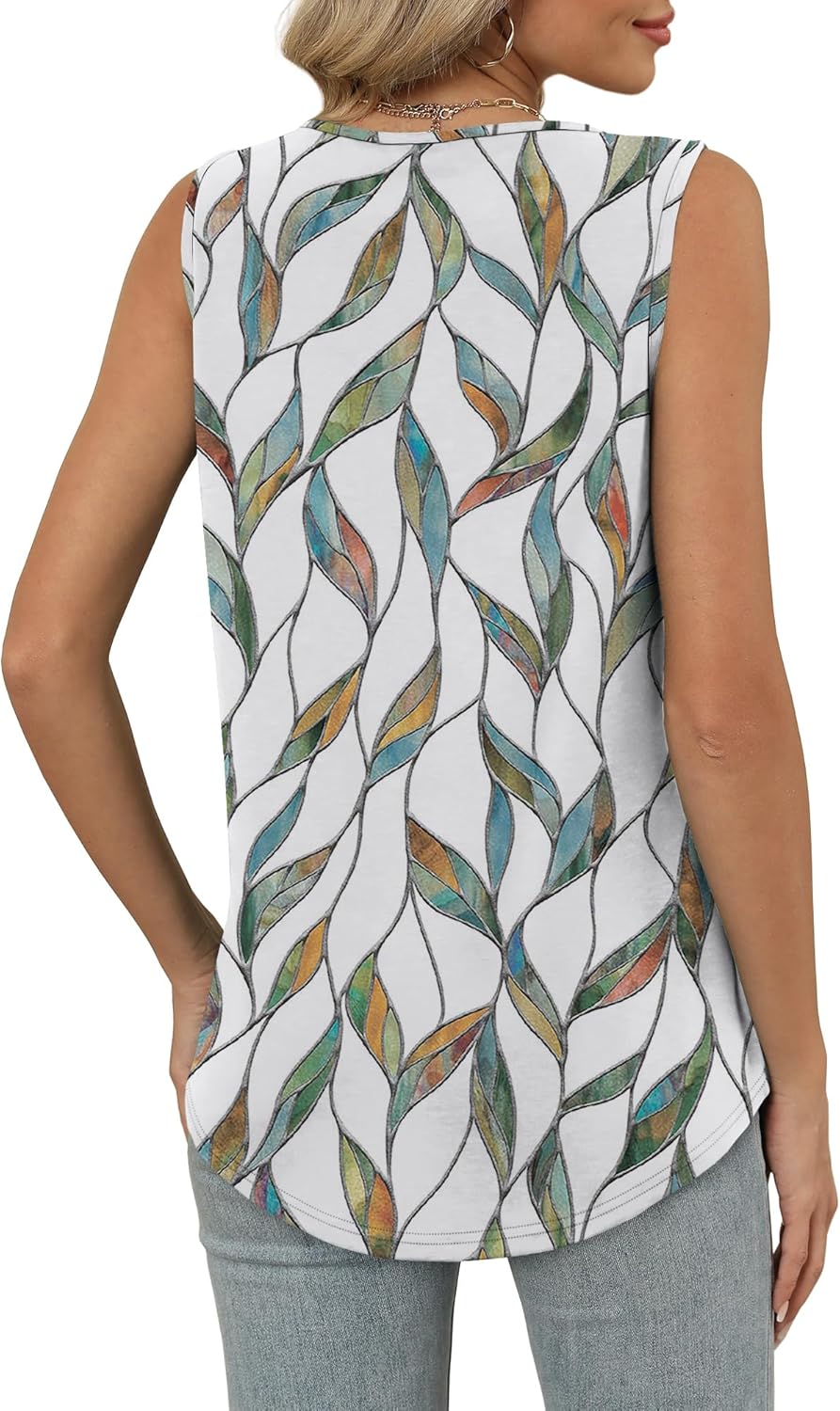 Womens V Neck Tank Top Loose Fit Sleeveless Summer Shirt Ruched Tees and Tanks with Curved Hem