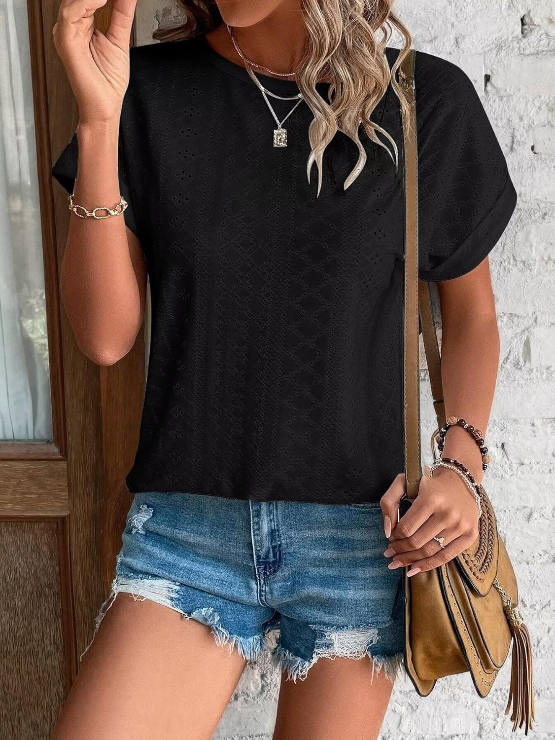 Womens Tops Eyelet Embroidery Summer Spring Curved Hem Short Sleeve Trendy T Shirts