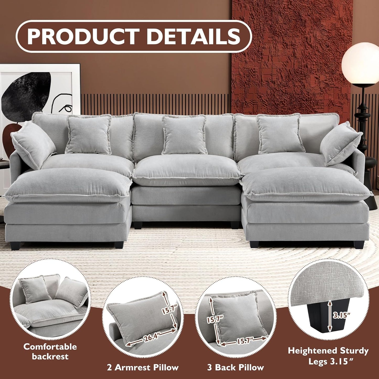 146" U-Shaped Modern Sofa Modular Sectional Cloud Couch