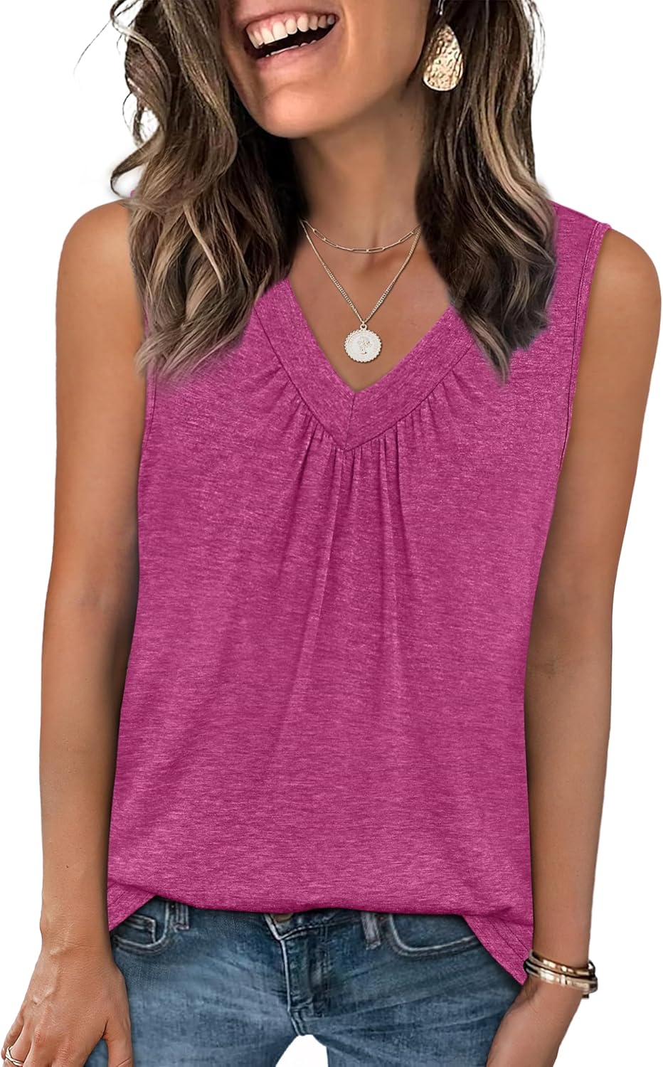 Womens V Neck Tank Top Loose Fit Sleeveless Summer Shirt Ruched Tees and Tanks with Curved Hem