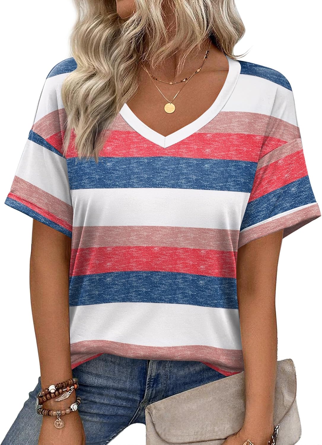 Short Sleeve Casual Shirts Floral Tee Basics V Neck Plain T-shirt