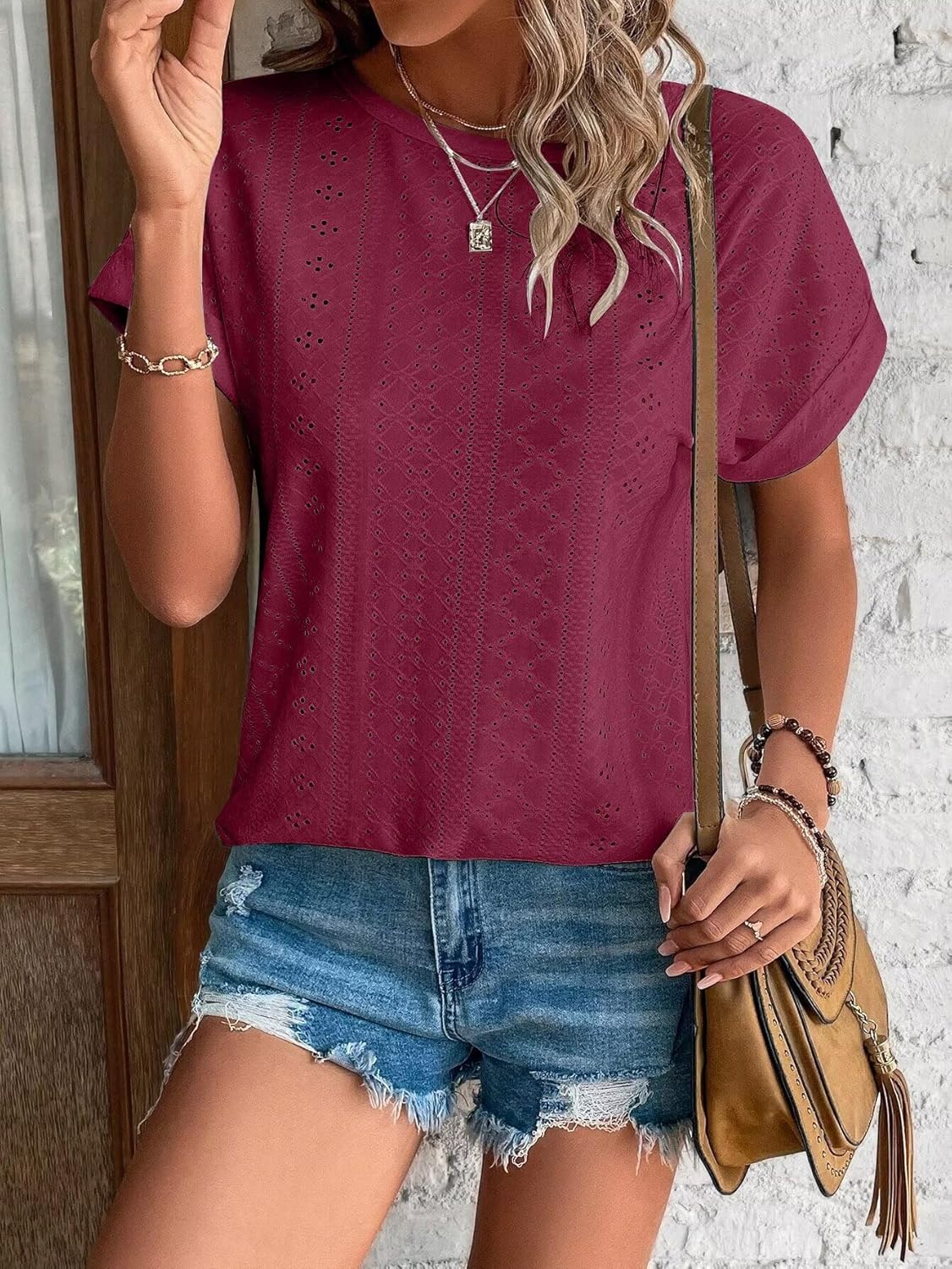 Womens Tops Eyelet Embroidery Summer Spring Curved Hem Short Sleeve Trendy T Shirts