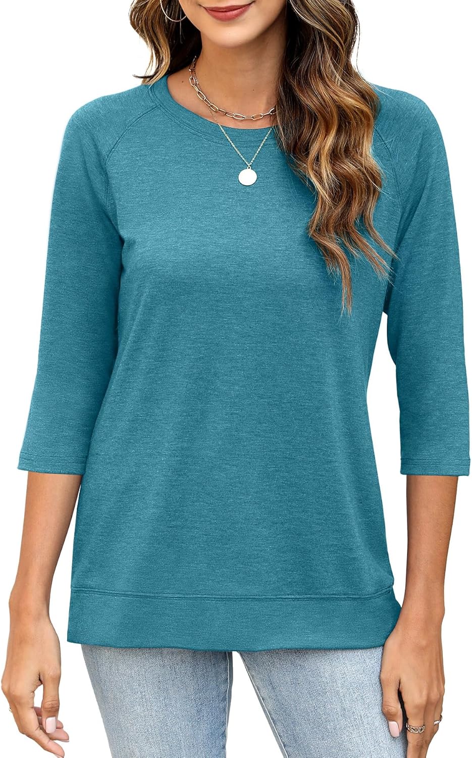 3/4 Sleeve Crew Neck Shirts Loose Fit Tunic Blouses Summer Tees