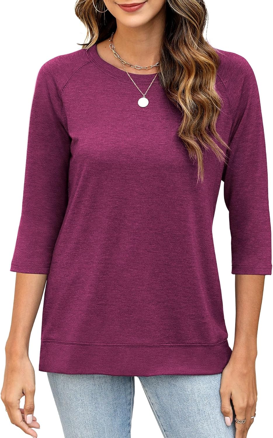3/4 Sleeve Crew Neck Shirts Loose Fit Tunic Blouses Summer Tees