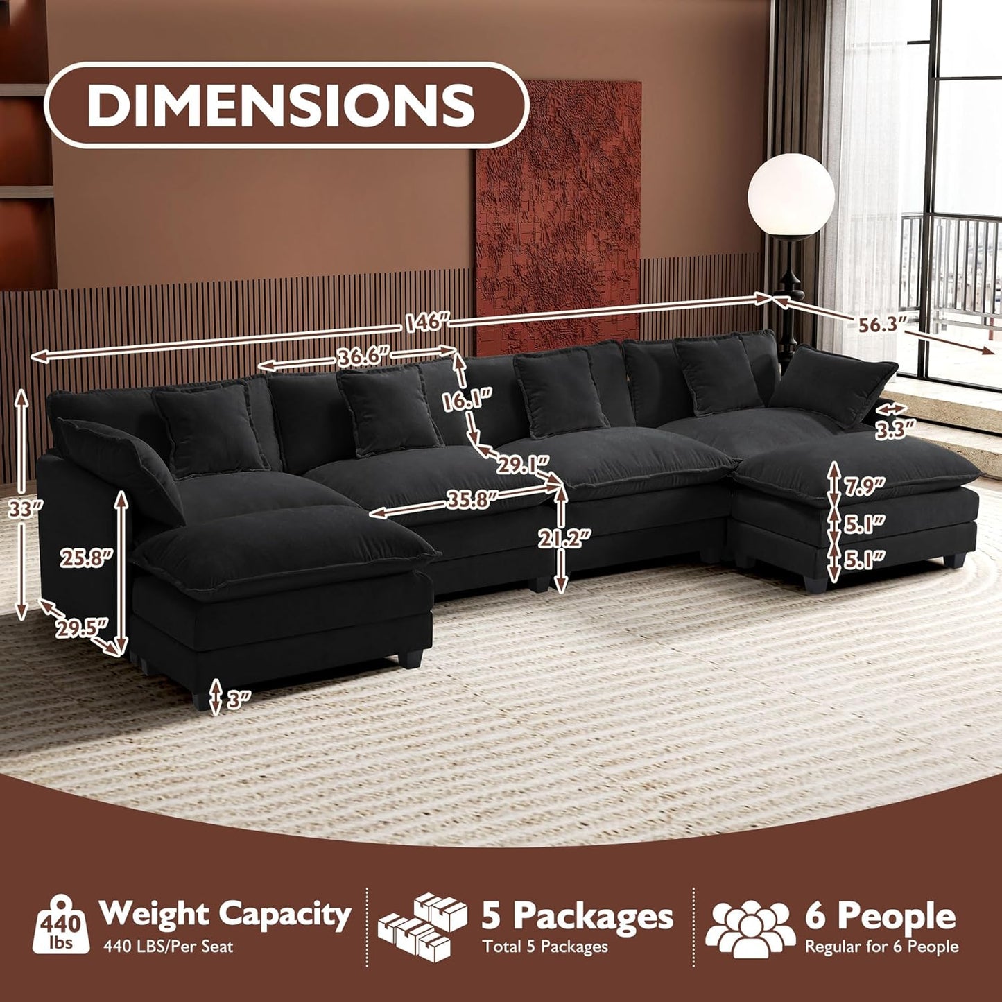 146" U-Shaped Modern Sofa Modular Sectional Cloud Couch