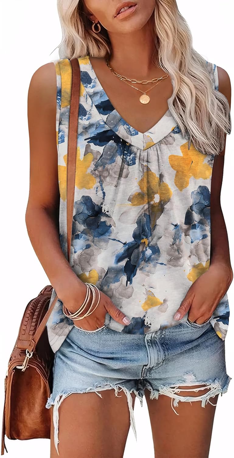 Womens V Neck Tank Top Loose Fit Sleeveless Summer Shirt Ruched Tees and Tanks with Curved Hem