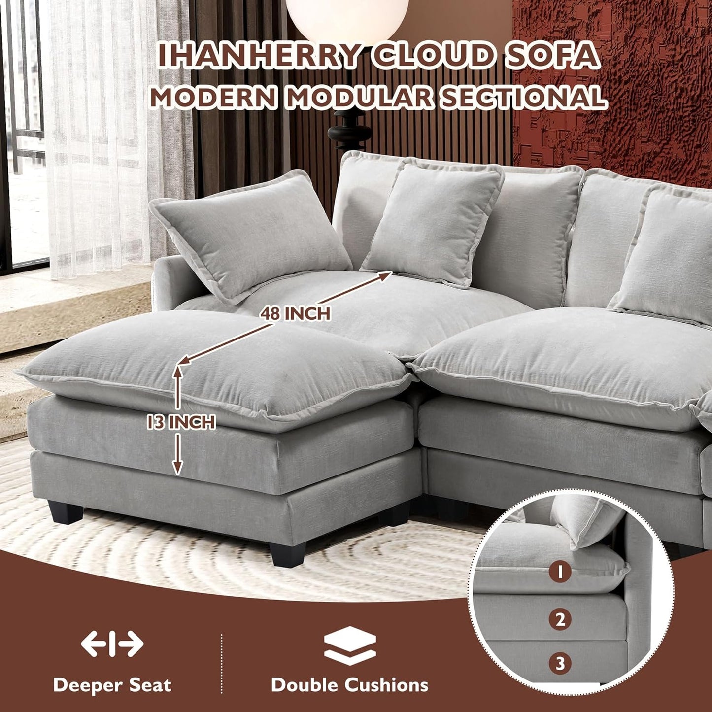 146" U-Shaped Modern Sofa Modular Sectional Cloud Couch