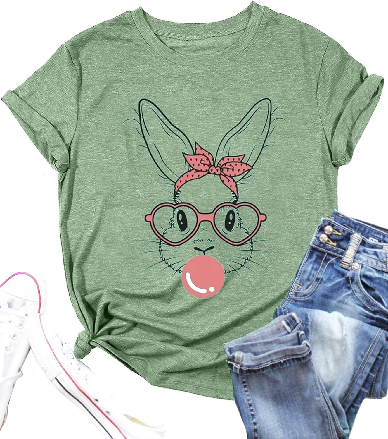 Funny Bunny Print T Shirt for Women Cute Grapic Leopard Shirts Family Blouse Gifts Easter Tops Tee