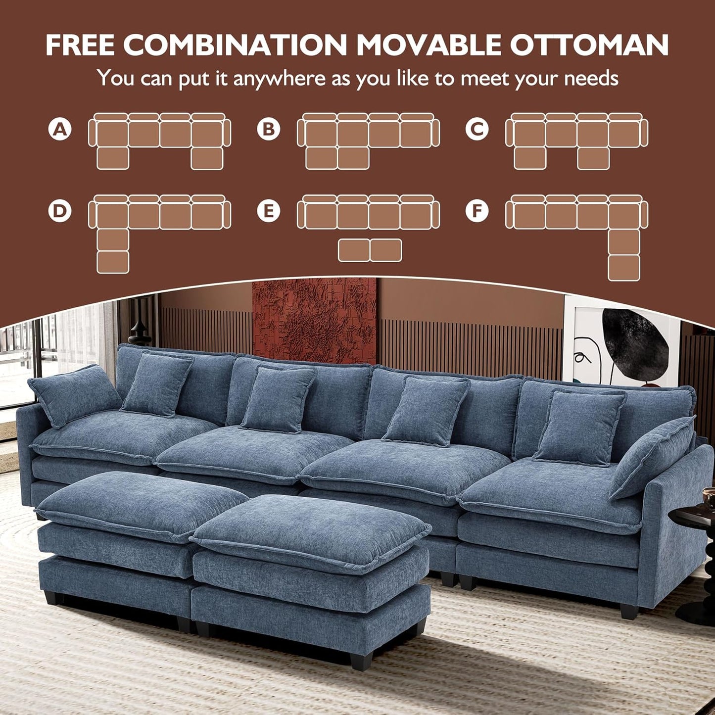 146" U-Shaped Modern Sofa Modular Sectional Cloud Couch