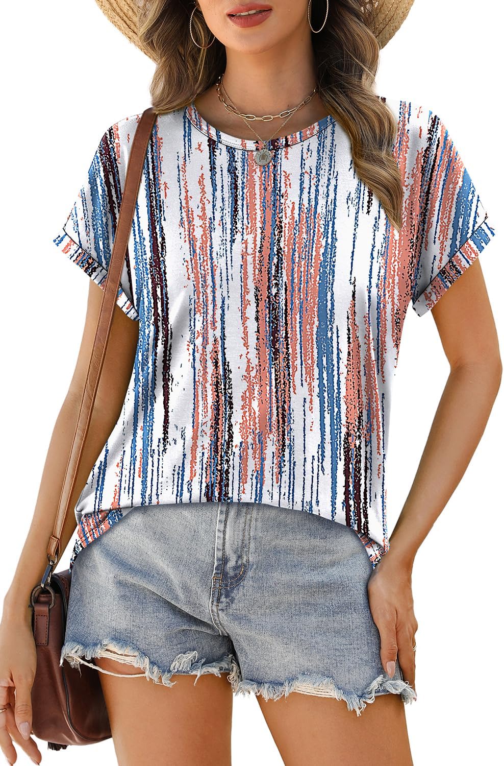Womens T Shirts Crew Neck Rolled Short Sleeve Basic Summer Tees Curved Hem