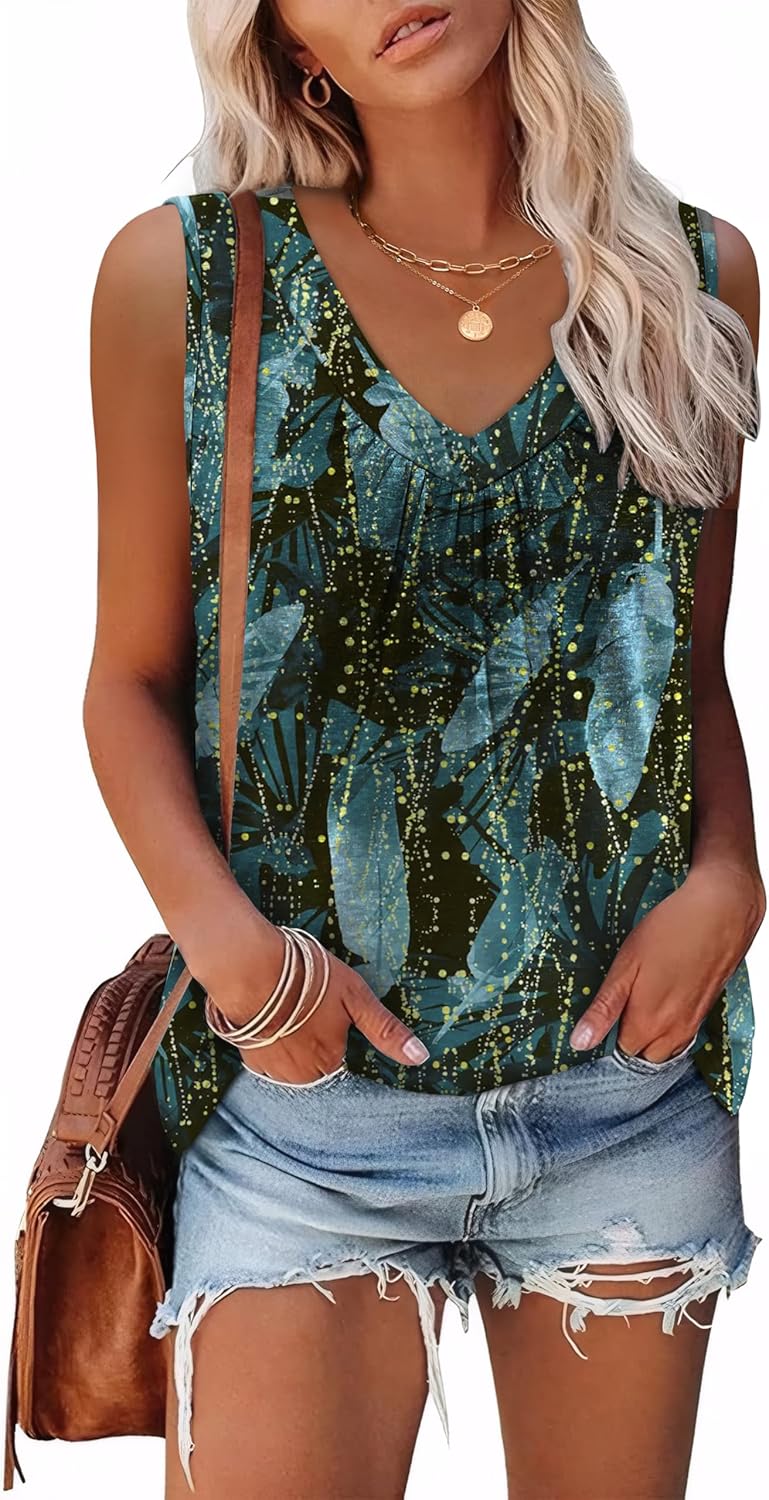 Womens V Neck Tank Top Loose Fit Sleeveless Summer Shirt Ruched Tees and Tanks with Curved Hem