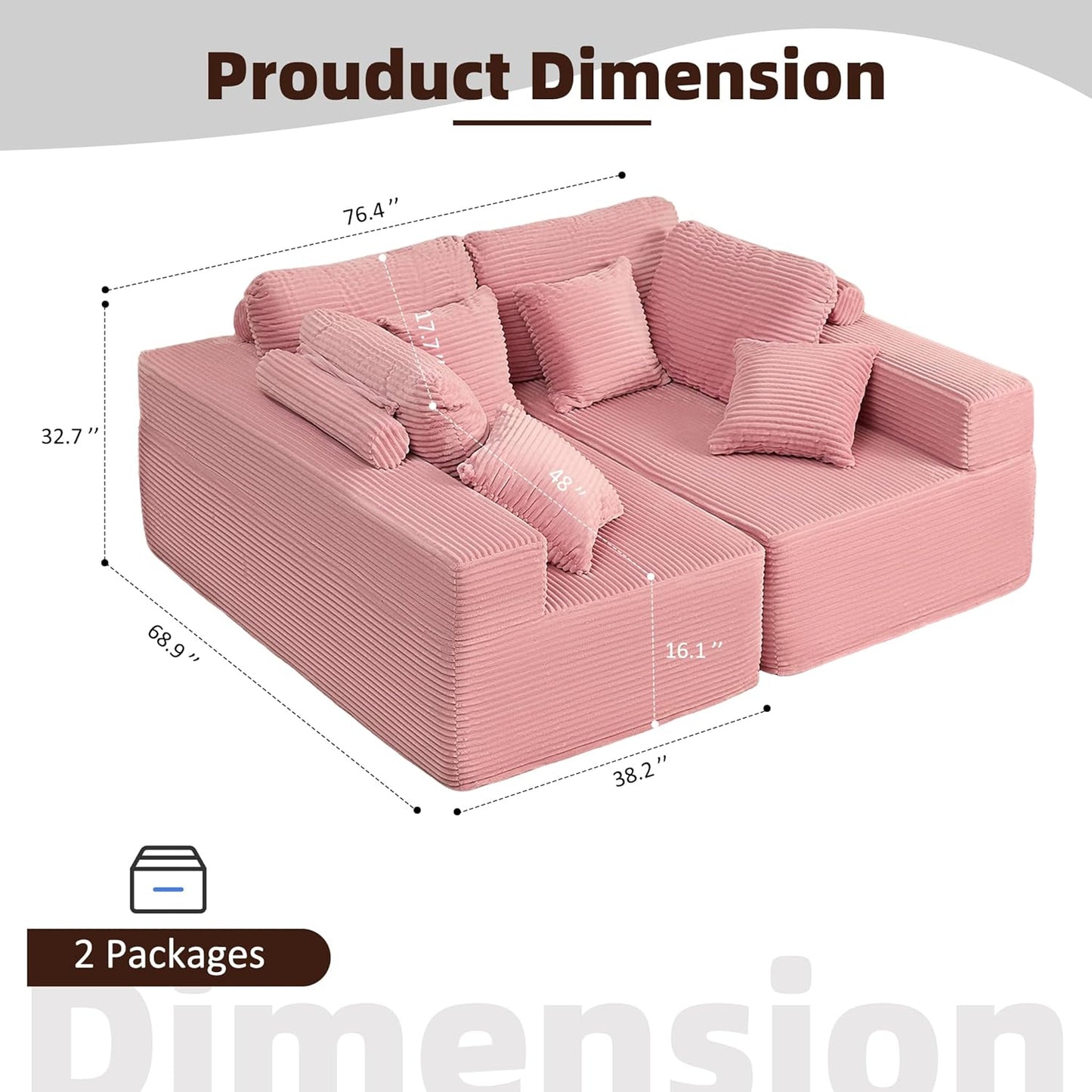 107" Boneless Couch with Deep Seat Cloud Sectional Couch for Living Room