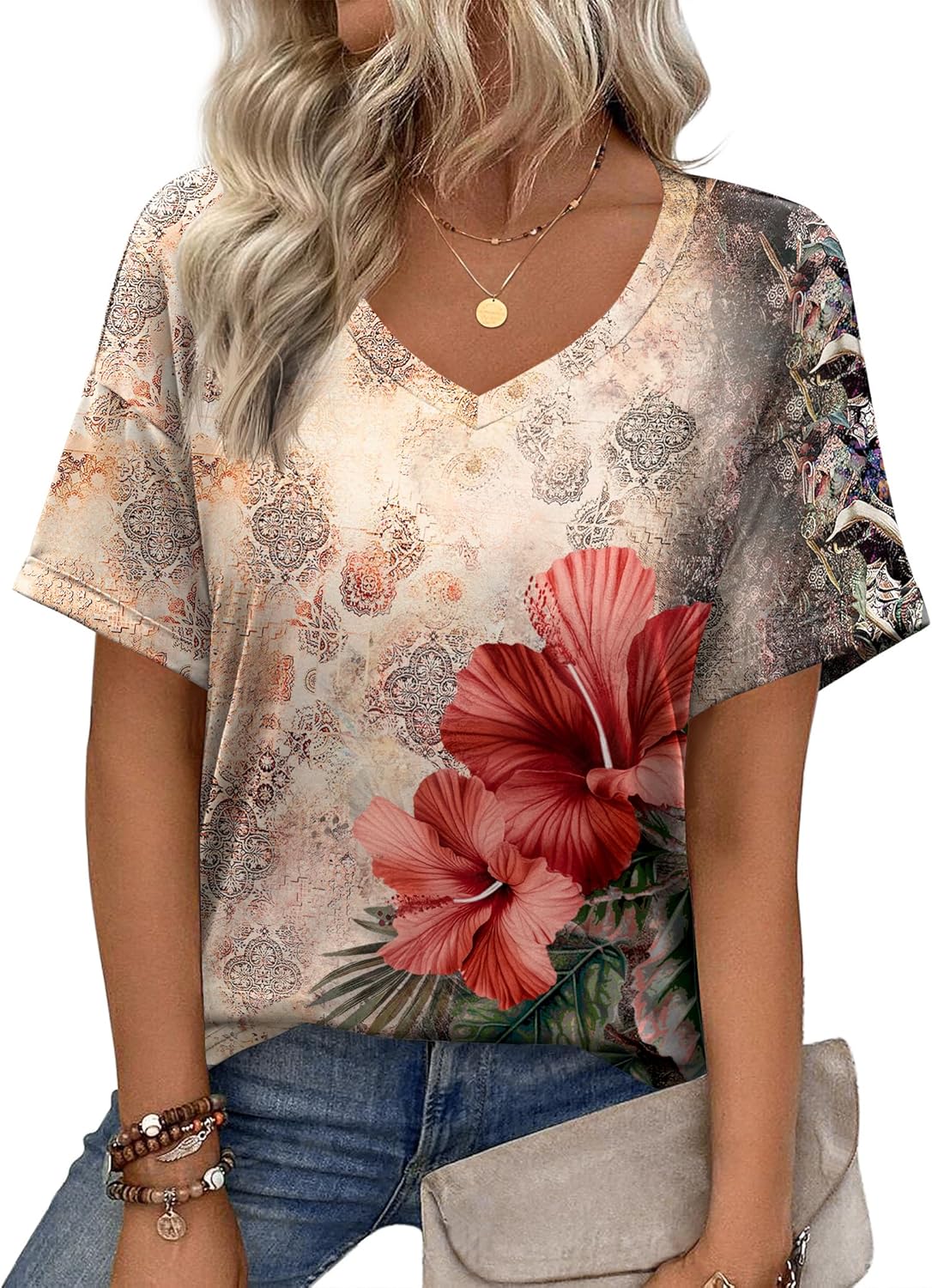 Short Sleeve Casual Shirts Floral Tee Basics V Neck Plain T-shirt