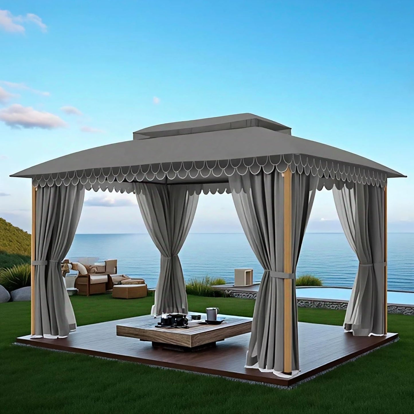 10x13 Outdoor with Screened Double Roof Heavy-Duty Patio Canopy Tent Dark Blue