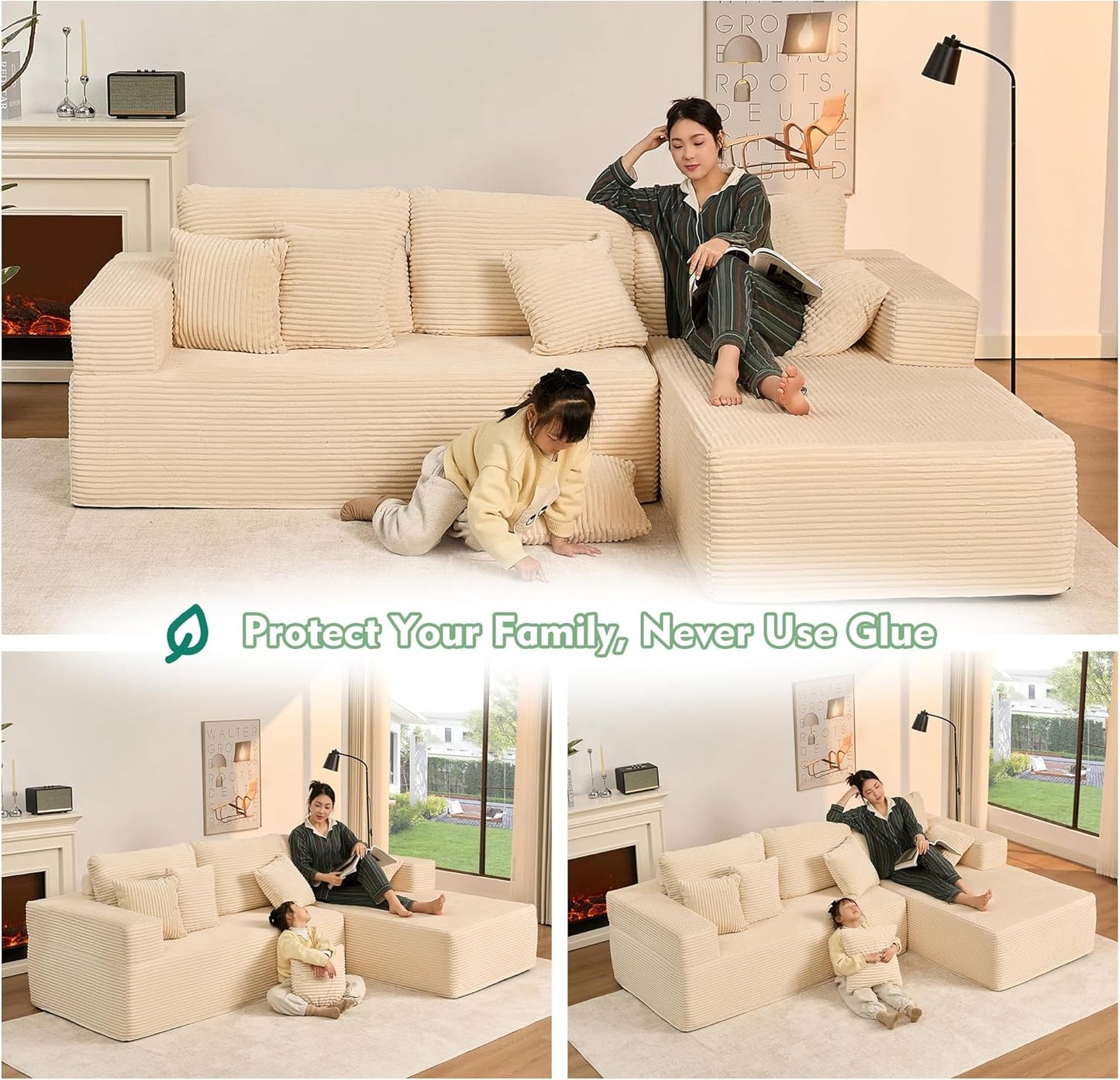 107" Boneless Couch with Deep Seat Cloud Sectional Couch for Living Room