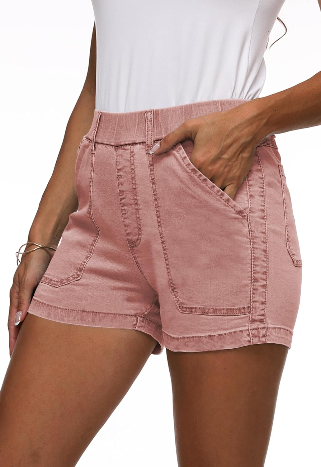 Womens Jean Shorts High Waisted Summer Cotton Elastic Waist Denim Shorts with Pockets