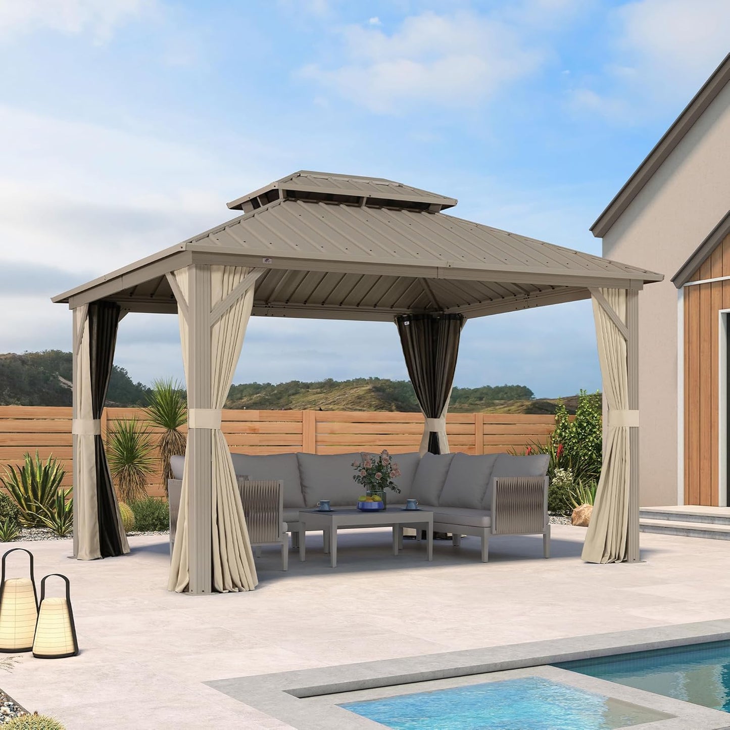 12x20ft Hardtop Gazebo Aluminum Frame Steel Roof Curtains Netting