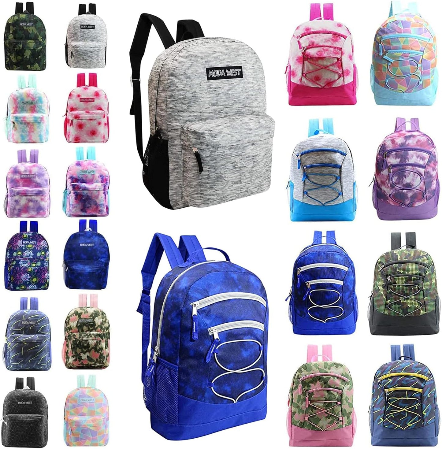 24 Pack 17 Inch Kids Backpacks in 20 Assorted Colors and Prints