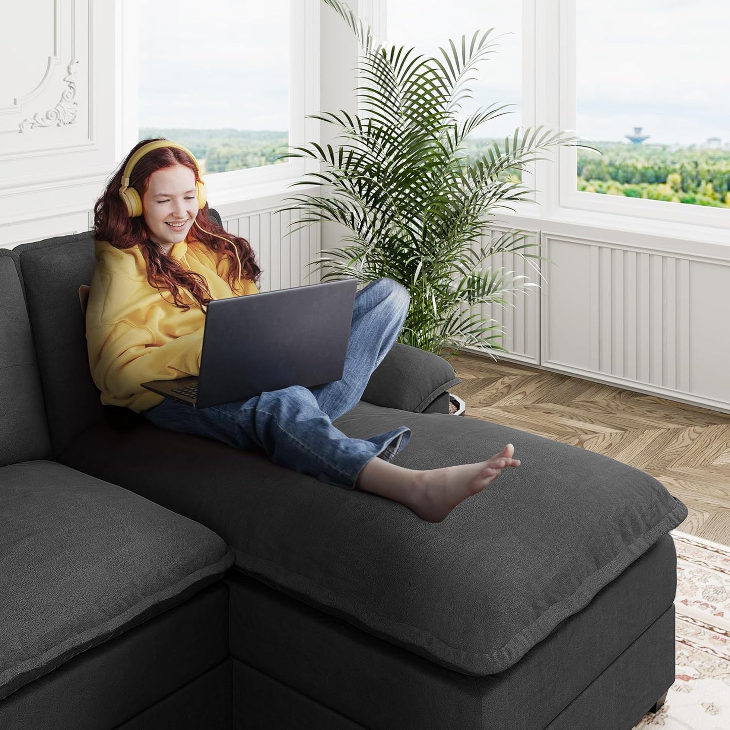 110 Inch U Shaped Sectional Sofa with Double Chaise Black