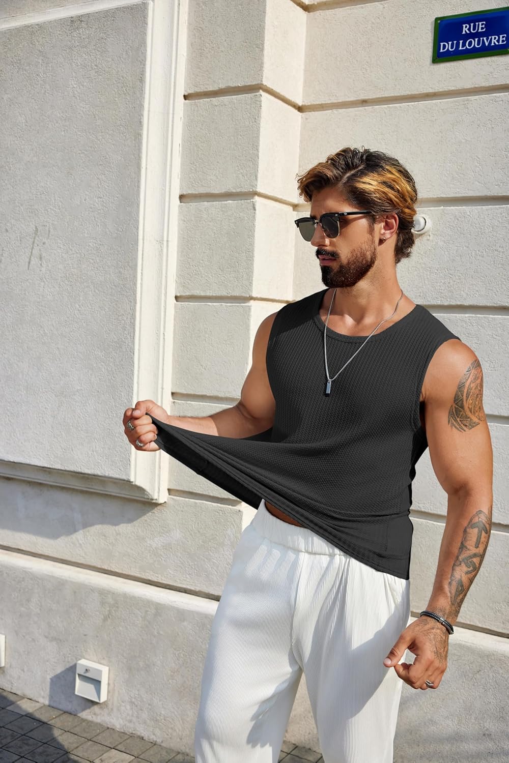Mens Casual Tank Tops Waffle Knit Sleeveless Shirt Breathable Tank Shirts