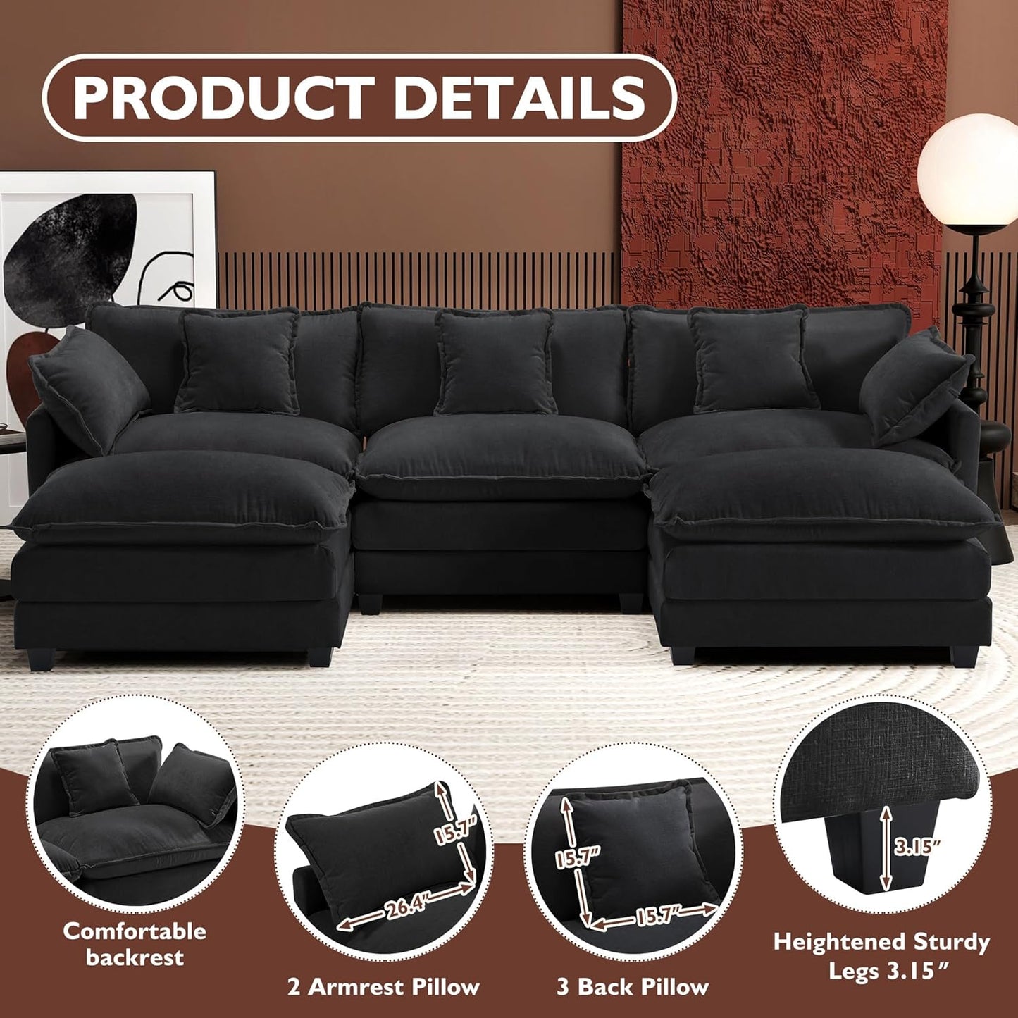 146" U-Shaped Modern Sofa Modular Sectional Cloud Couch