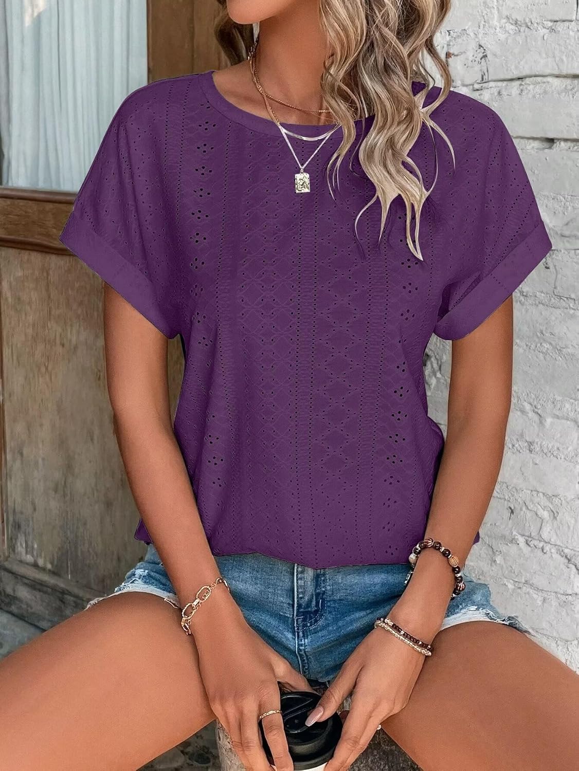 Womens Tops Eyelet Embroidery Summer Spring Curved Hem Short Sleeve Trendy T Shirts