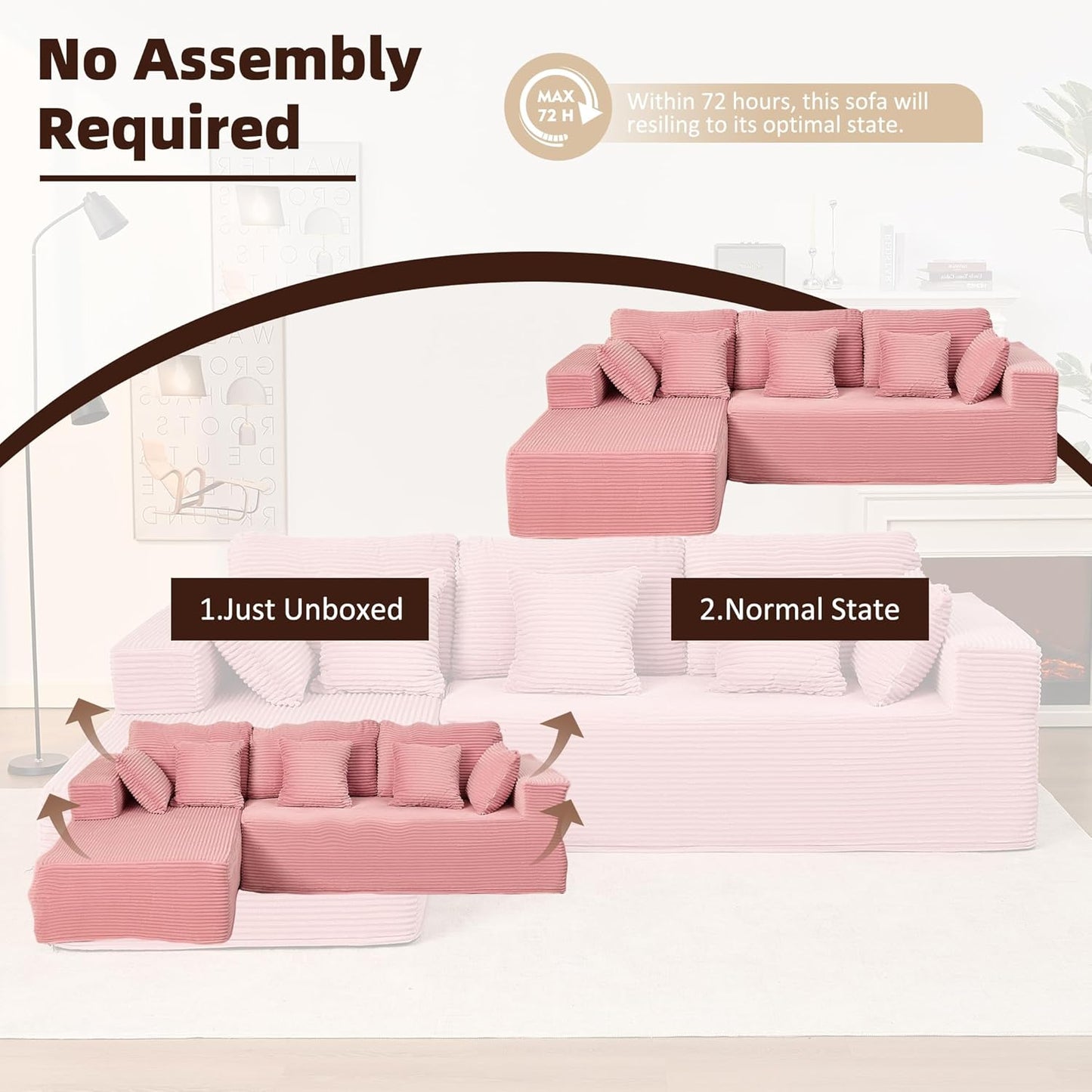 107" Boneless Couch with Deep Seat Cloud Sectional Couch for Living Room