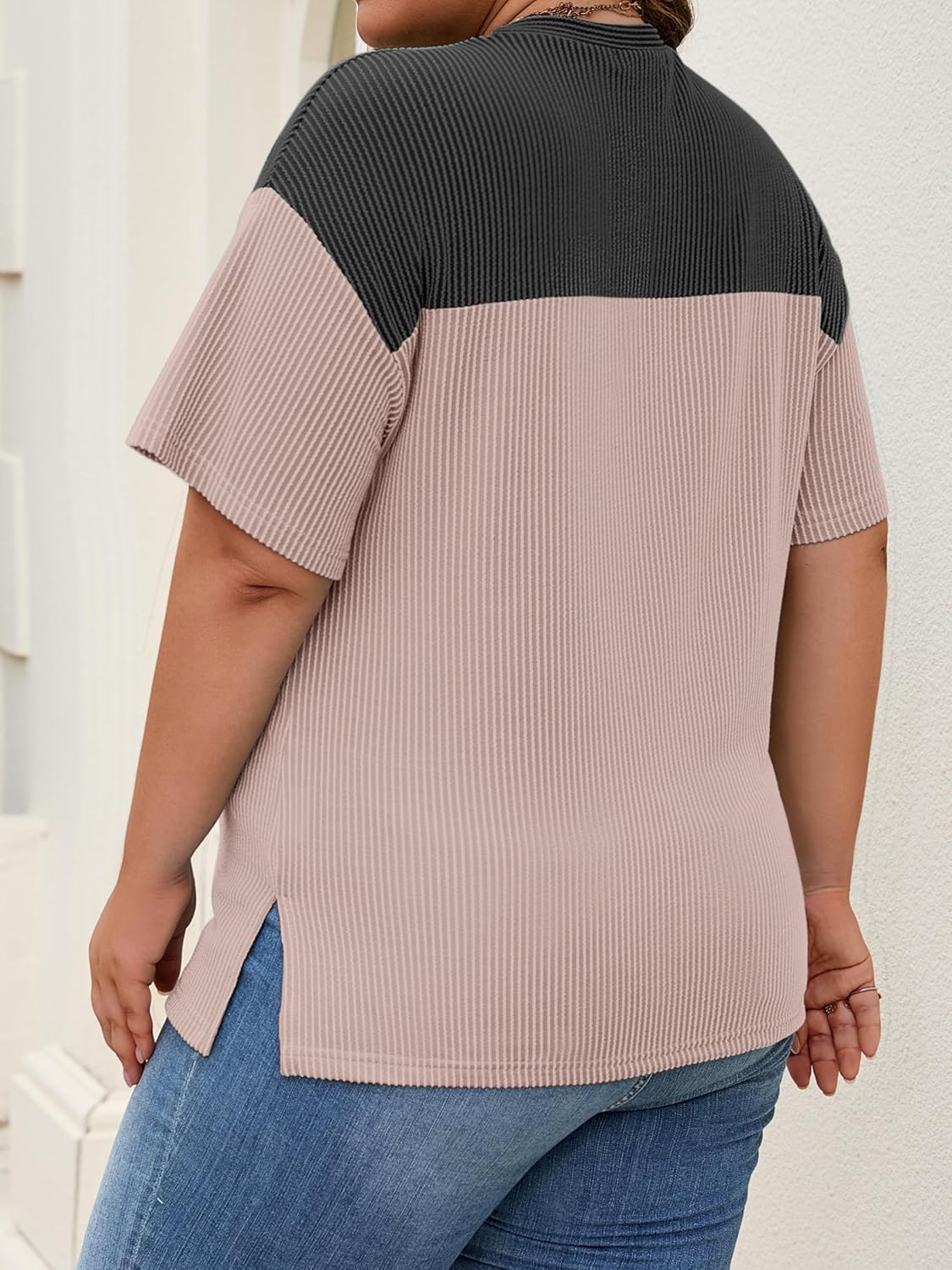 Womens Plus Size Short Sleeve Color Block Pullover Tunic Tops