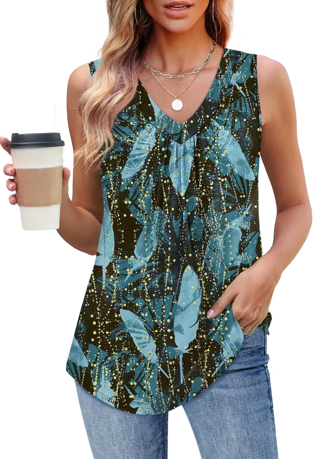 Womens V Neck Tank Top Loose Fit Sleeveless Summer Shirt Ruched Tees and Tanks with Curved Hem