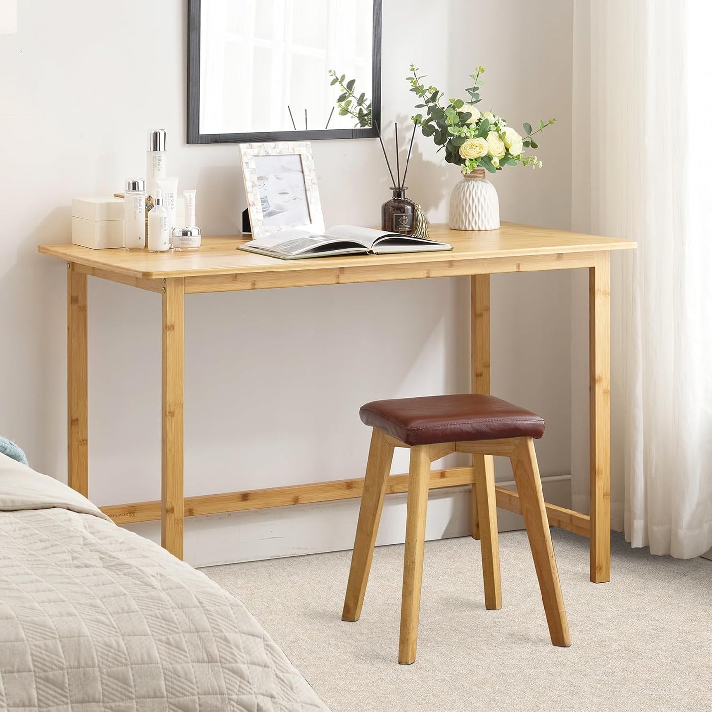 Writing Computer Desk 46" Bamboo Home Office Table with 2 Drawers