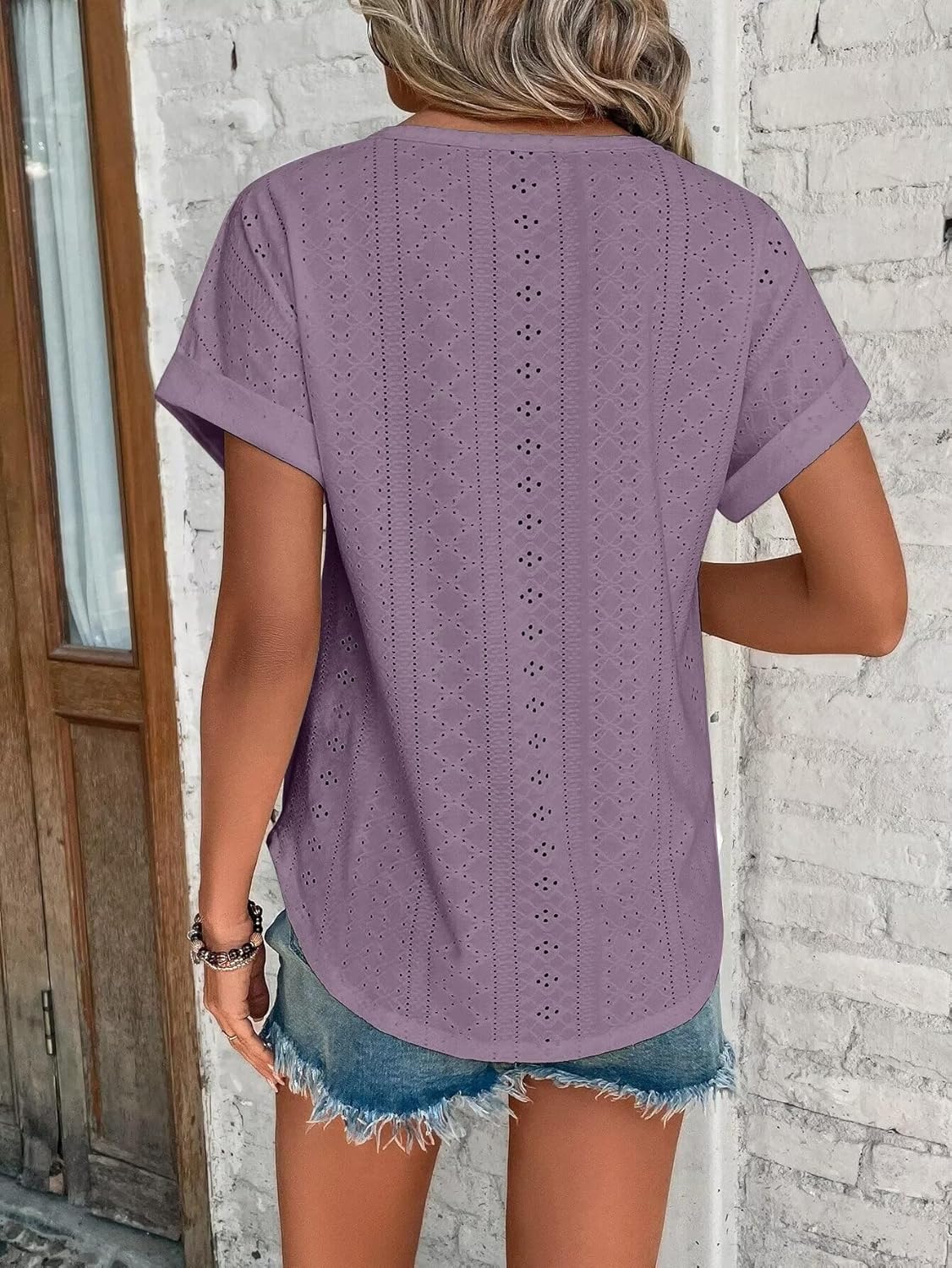 Womens Tops Eyelet Embroidery Summer Spring Curved Hem Short Sleeve Trendy T Shirts