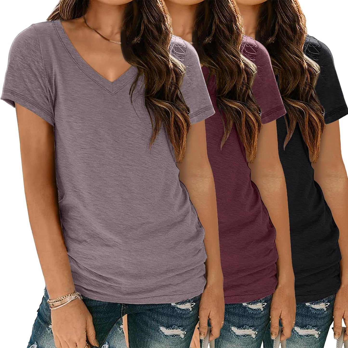 3 Pack V Neck T Shirts for Women Short Sleeve T-shirts