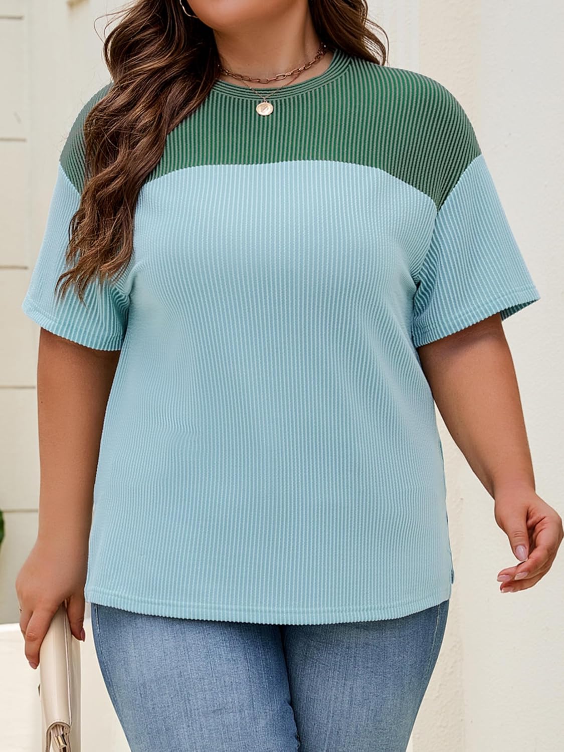 Womens Plus Size Short Sleeve Color Block Pullover Tunic Tops