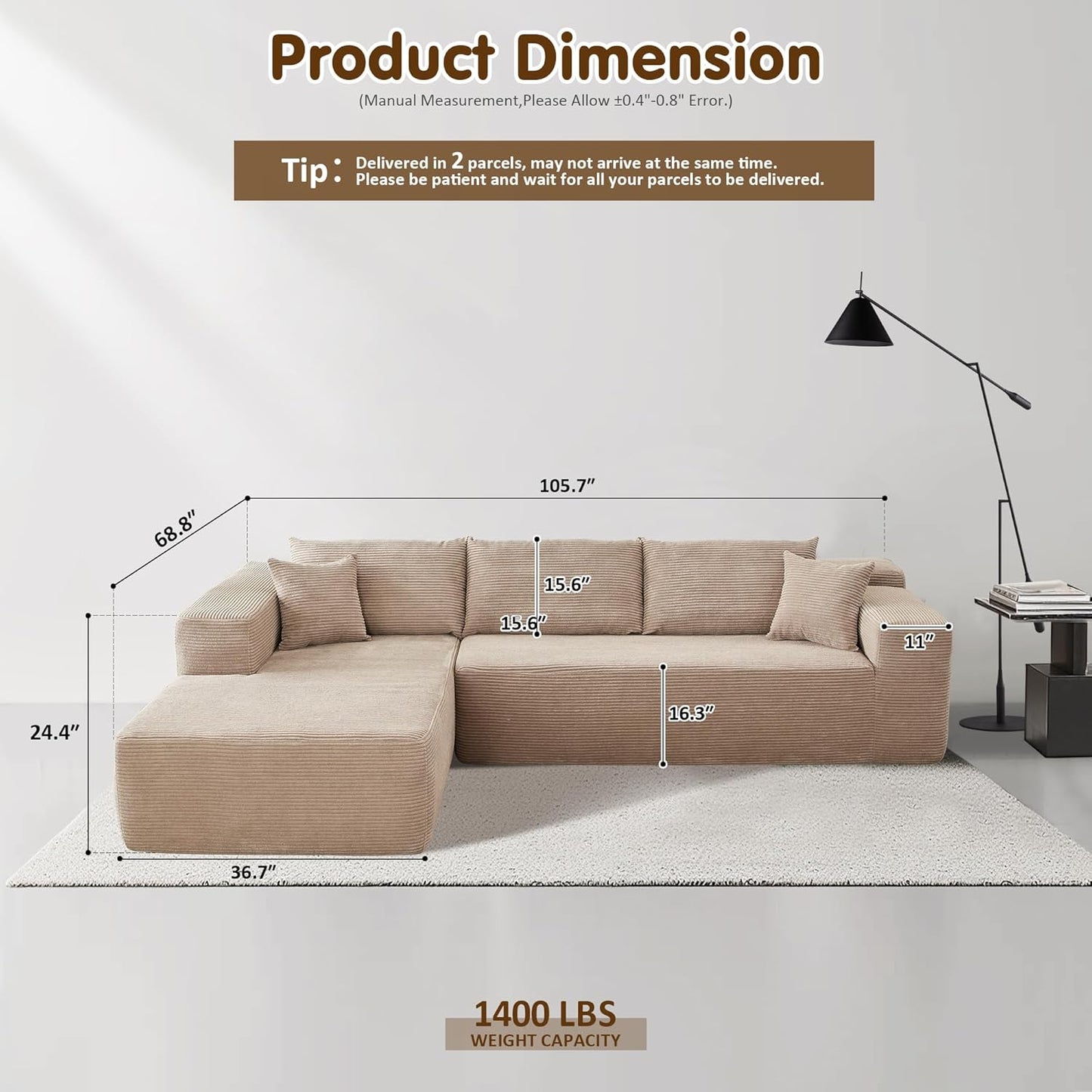 104" Cloud Sectional Couch with L-Shape Chaise