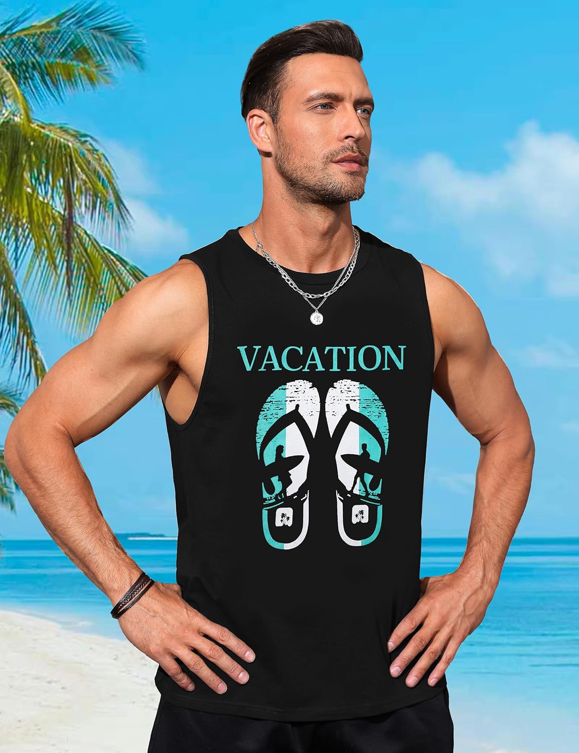 Mens Tank Tops Beach Summer Sleeveless Shirts Graphic Palm Tree Vacation