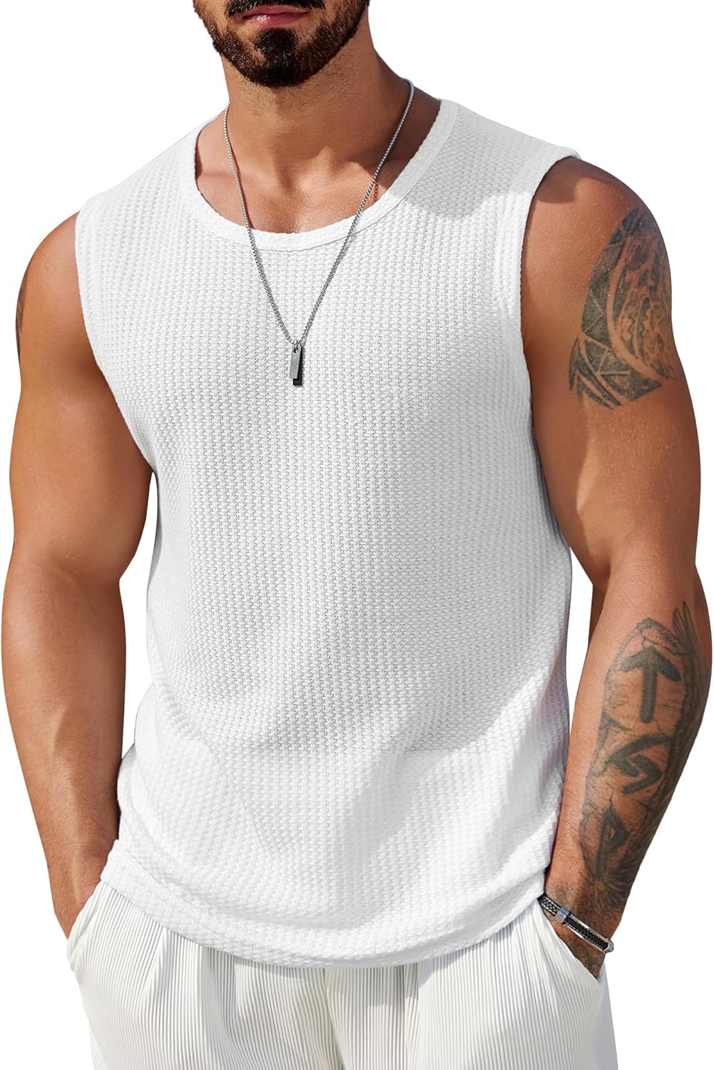 Mens Casual Tank Tops Waffle Knit Sleeveless Shirt Breathable Tank Shirts