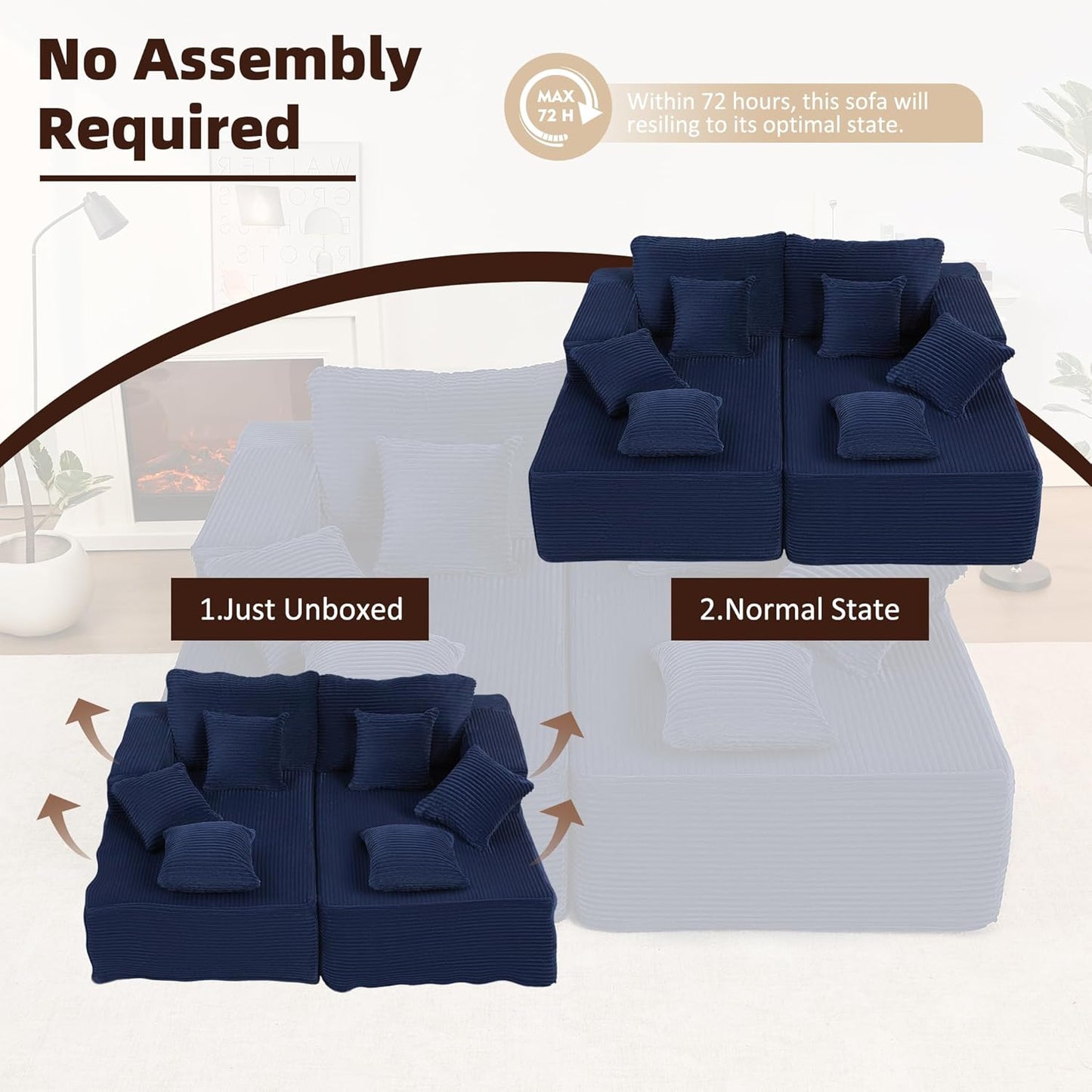 107" Boneless Couch with Deep Seat Cloud Sectional Couch for Living Room